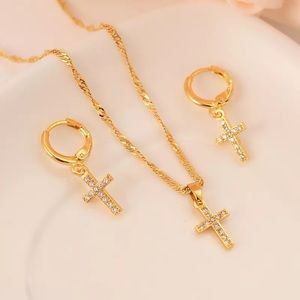 24K Gold Plated Crystal Cross Jewelry Sets for Women Jesus Necklace Earrings